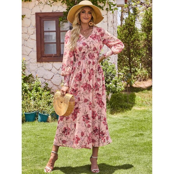 Women's Floral Maxi Dress Long Sleeve V Neck Boho Beach Party Wedding Casual - Picture 6 of 7